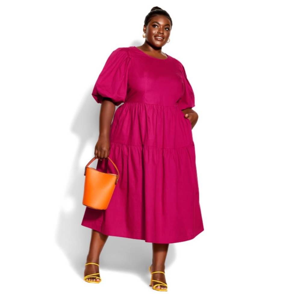 NEW Plus Size CITY CHIC Dark POP PINK Poplin COTTON Tiered VIENNA Midi DRESS 16